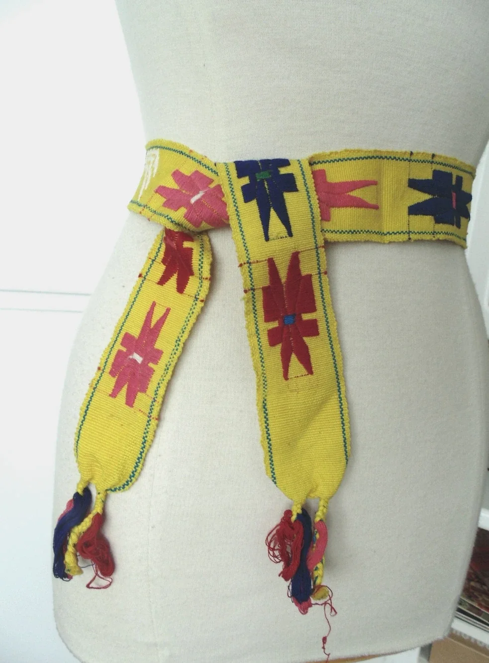 Vtg Guatemalan Faja Sash Belt Hand-Woven Embroidery Birds Stars Boho Folk Art